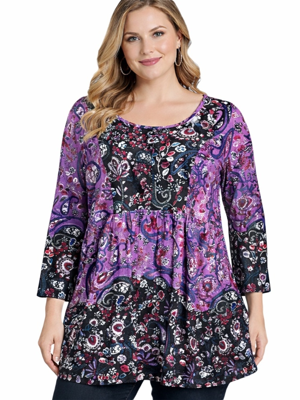 Ulla Popken Patchwork Paisley Knit Tunic Top Purple Black Boho Artsy Plus 28/30